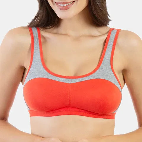 Non-padded non-wired full coverage sports bra for women in red grey melange