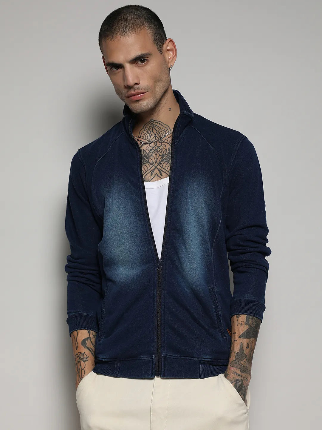 Zip-Front Dark-Wash Denim Jacket