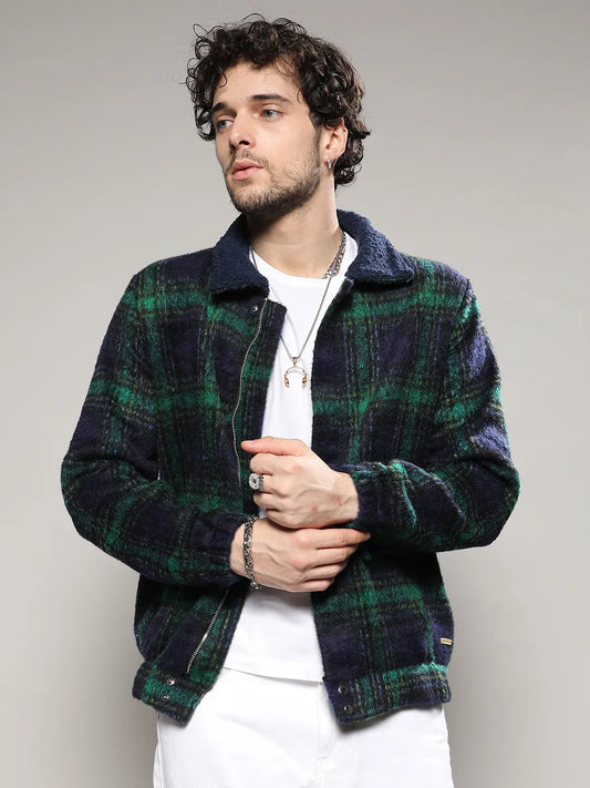 Tartan Plaid Jacket With Fleece Collar