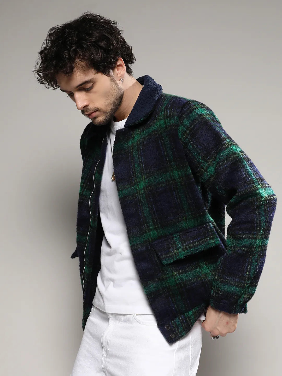 Tartan Plaid Jacket With Fleece Collar