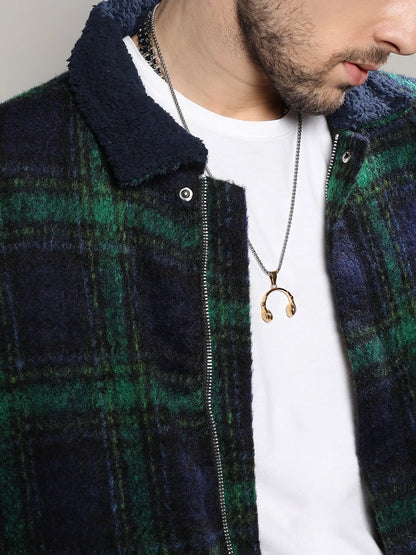 Navy Blue & Green Tartan Plaid Jacket With Fleece Collar