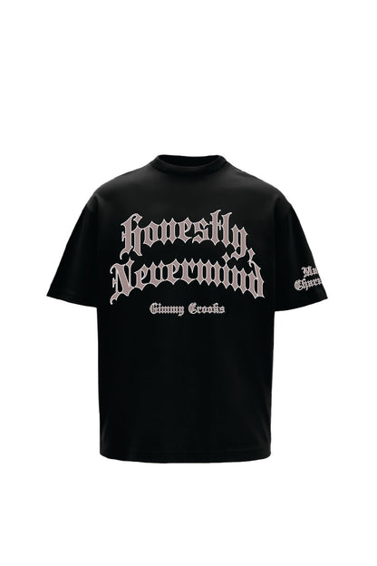 Nevermind Printed Black Oversized T-Shirt Main Character