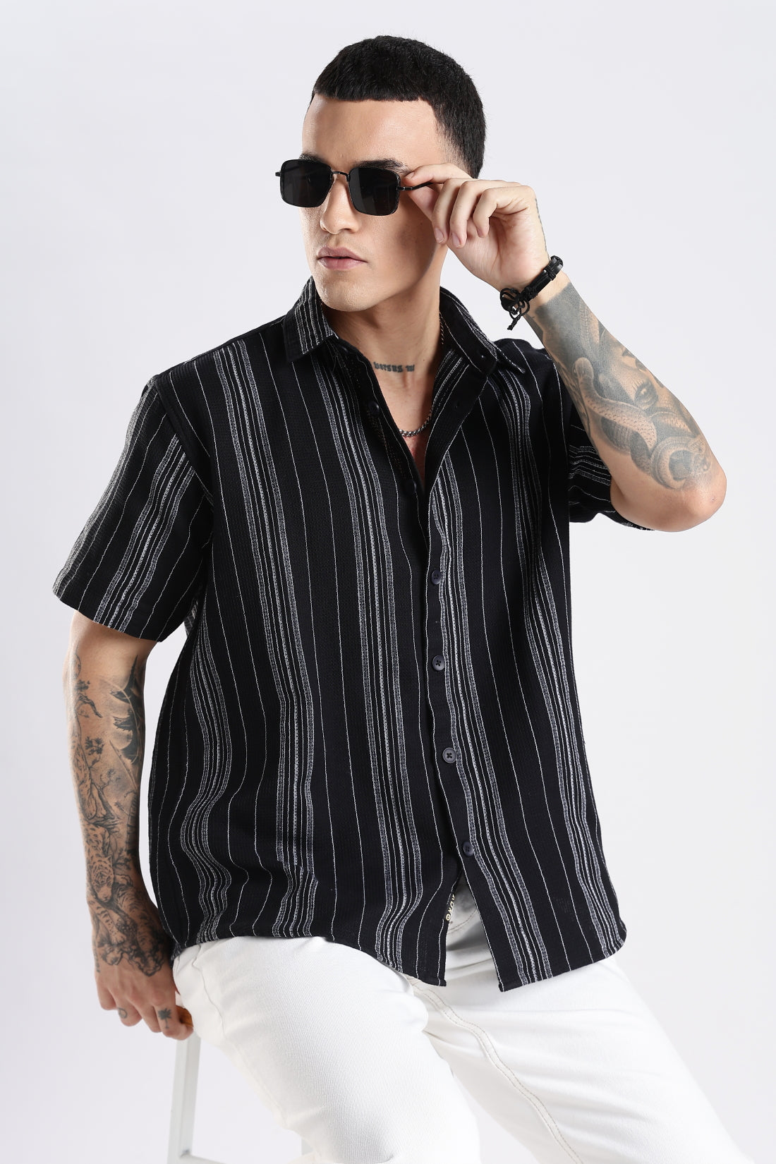 Vertical Striped Self Design Cotton Oversized Shirt