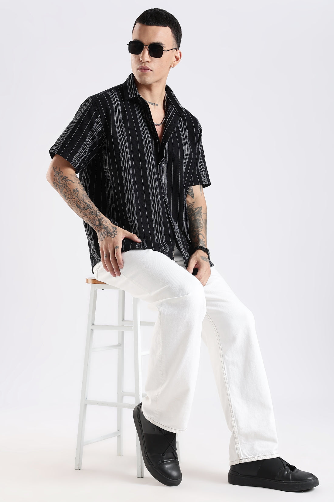 Vertical Striped Self Design Cotton Oversized Shirt