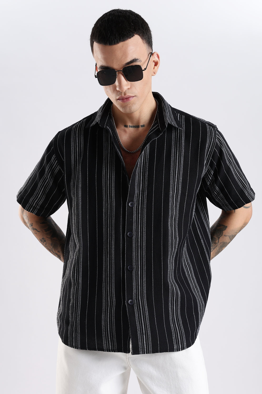 Vertical Striped Self Design Cotton Oversized Shirt