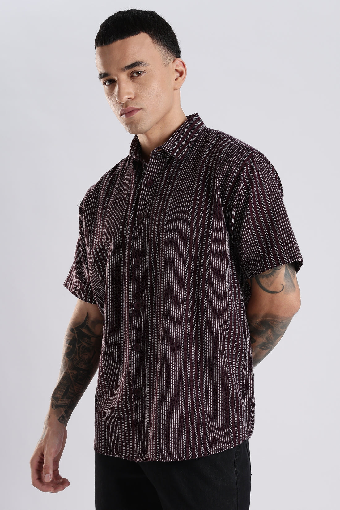 Vertical Striped Self Design Cotton Oversized Shirt