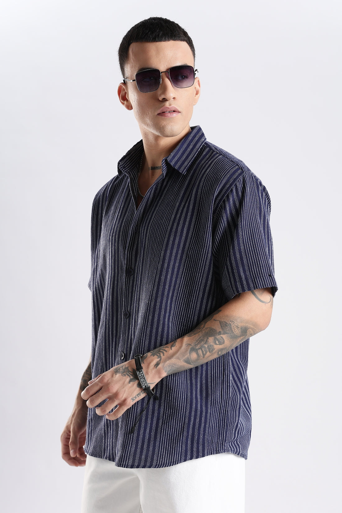 Vertical Striped Self Design Cotton Oversized Shirt