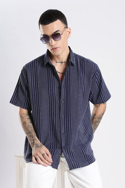 Vertical Striped Self Design Cotton Oversized Shirt