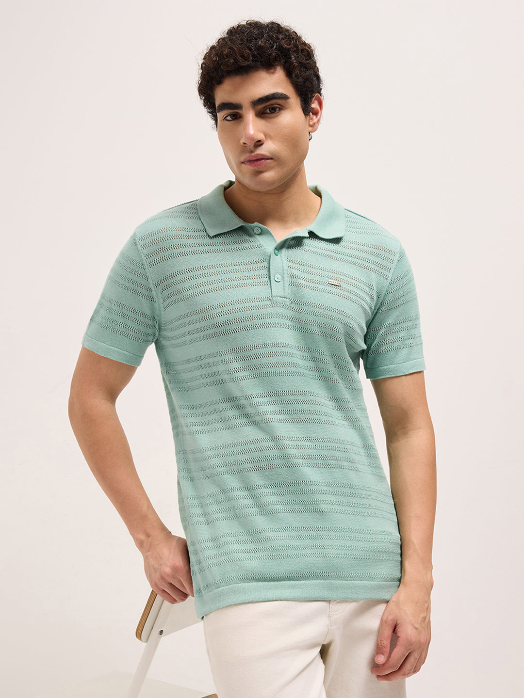 Green Regular Fit Horizontal Textured Knit Polo Shirt with Transparent Effect