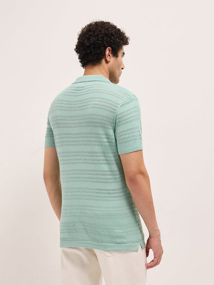 Green Regular Fit Horizontal Textured Knit Polo Shirt with Transparent Effect