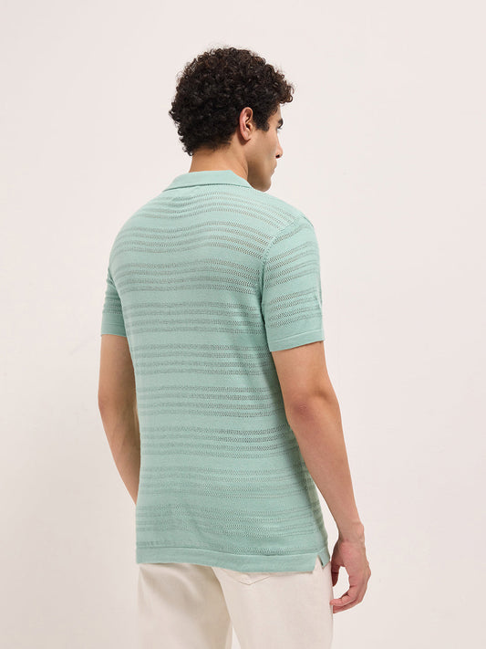 Green Regular Fit Horizontal Textured Knit Polo Shirt with Transparent Effect