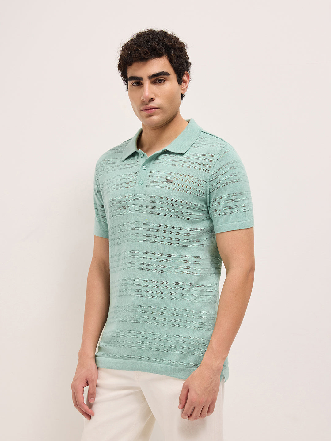 Green Regular Fit Horizontal Textured Knit Polo Shirt with Transparent Effect
