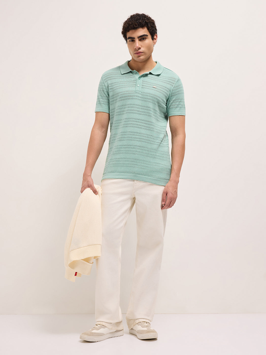 Green Regular Fit Horizontal Textured Knit Polo Shirt with Transparent Effect