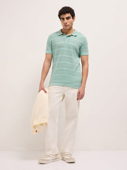 Green Regular Fit Horizontal Textured Knit Polo Shirt with Transparent Effect