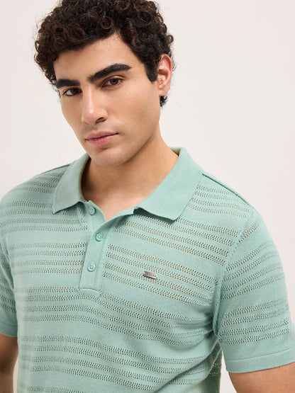 Green Regular Fit Horizontal Textured Knit Polo Shirt with Transparent Effect