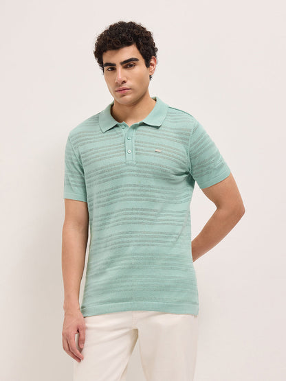 Green Regular Fit Horizontal Textured Knit Polo Shirt with Transparent Effect