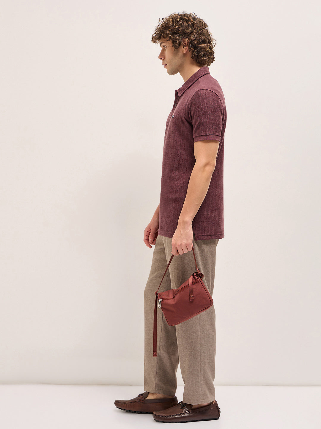 Maroon Geometric Textured Design Regular Fit Polo