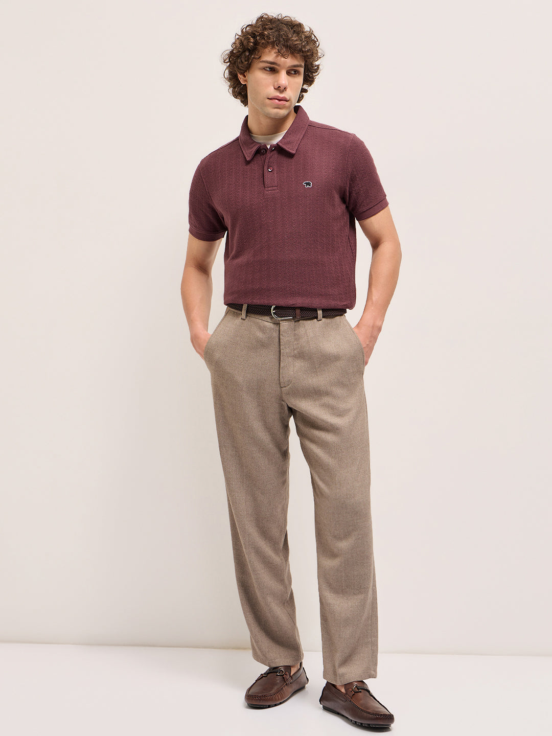 Maroon Geometric Textured Design Regular Fit Polo