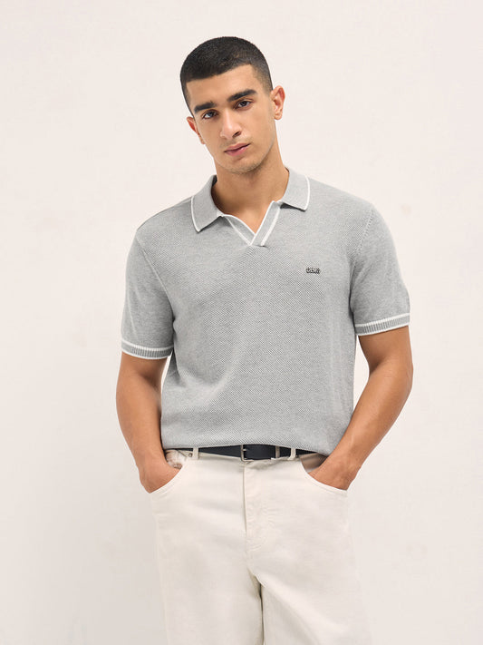 Grey Textured Flat Knit Slim Fit Polo with Contrast Ribbed Detail