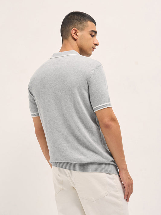 Grey Textured Flat Knit Slim Fit Polo with Contrast Ribbed Detail