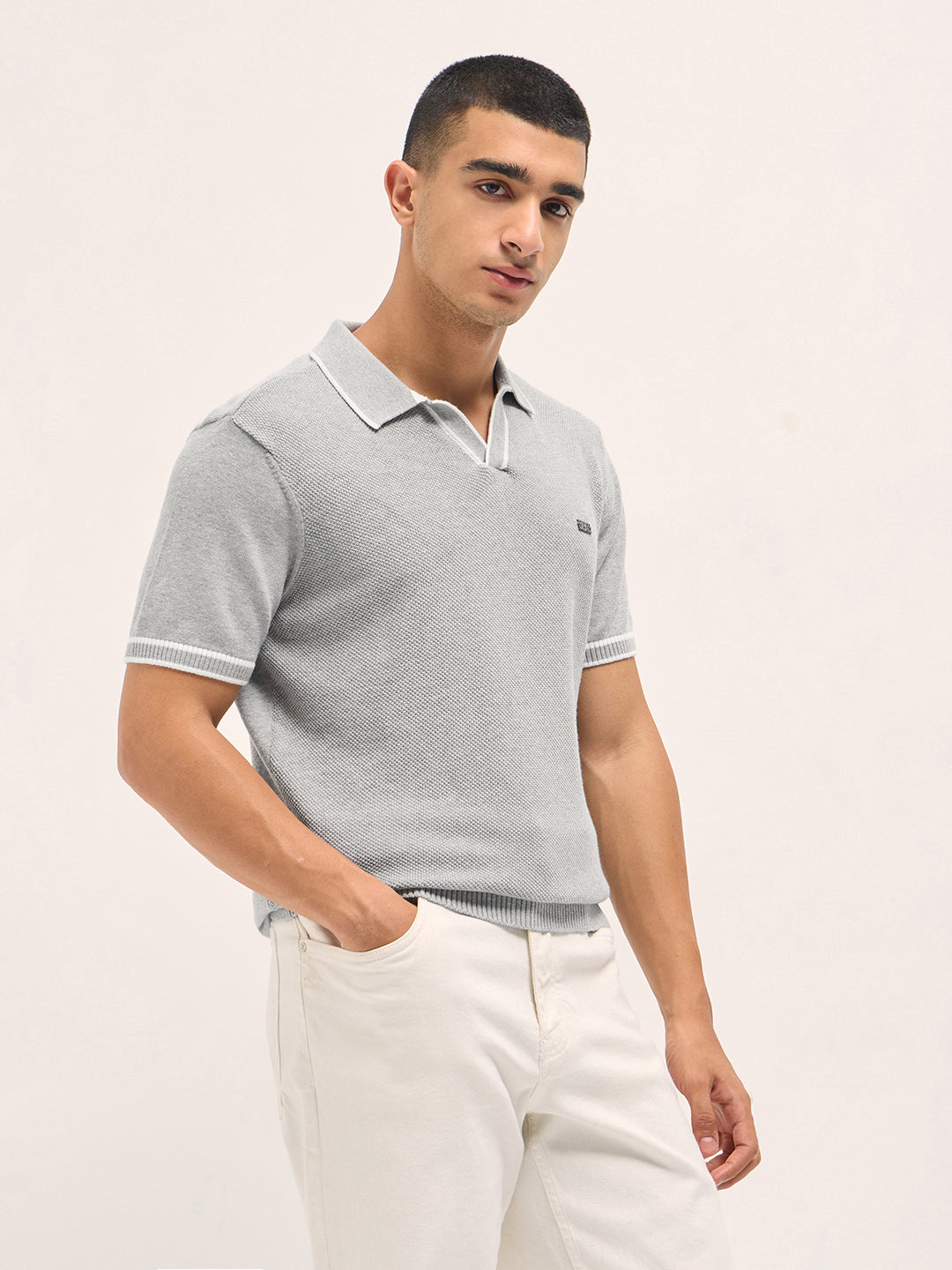 Grey Textured Flat Knit Slim Fit Polo with Contrast Ribbed Detail