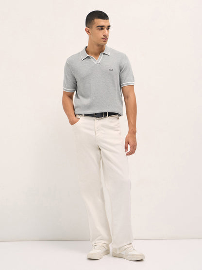 Grey Textured Flat Knit Slim Fit Polo with Contrast Ribbed Detail