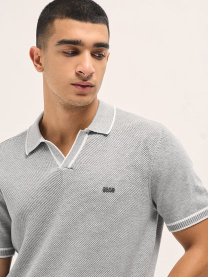 Grey Textured Flat Knit Slim Fit Polo with Contrast Ribbed Detail