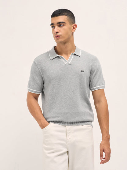 Grey Textured Flat Knit Slim Fit Polo with Contrast Ribbed Detail