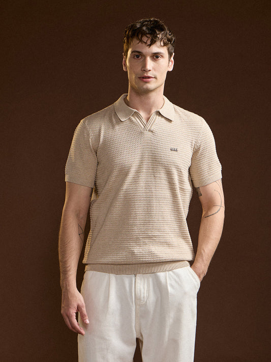 Beige Textured Slim Fit V-Notch Style Polo
