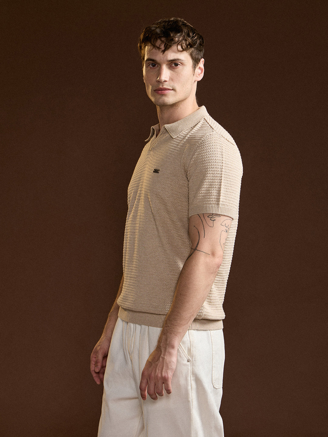 Beige Textured Slim Fit V-Notch Style Polo