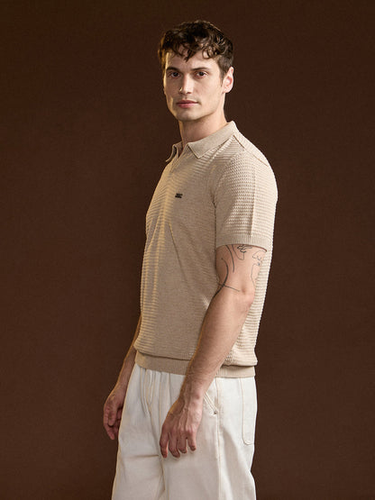 Beige Textured Slim Fit V-Notch Style Polo