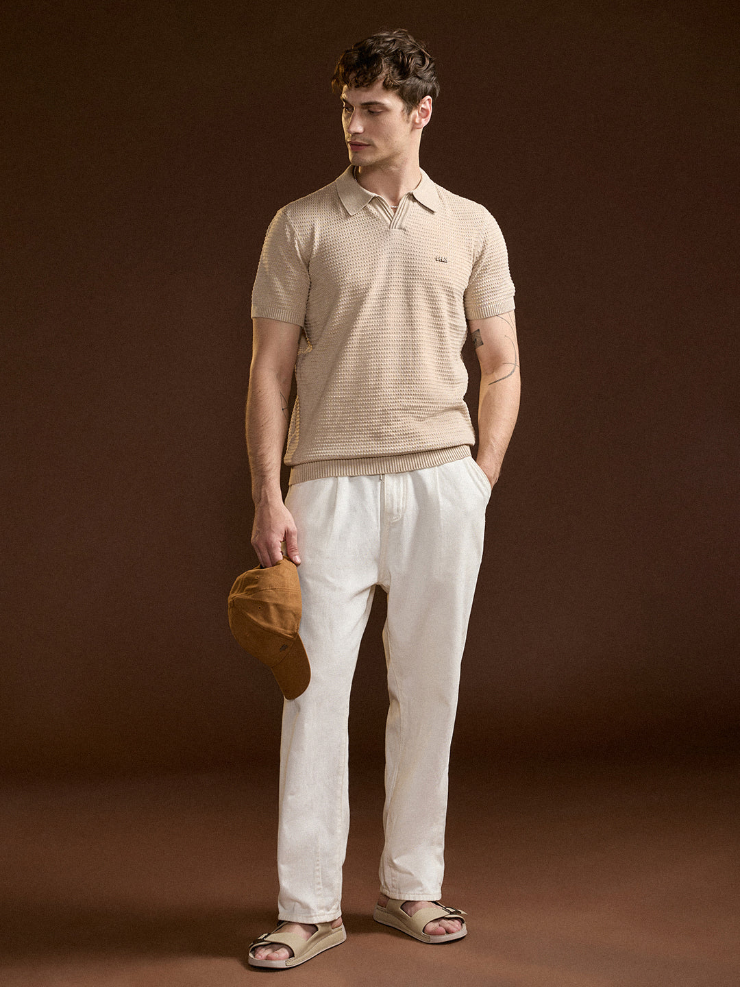 Beige Textured Slim Fit V-Notch Style Polo