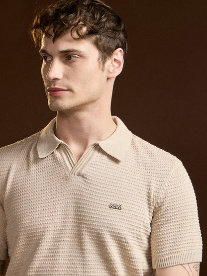 Beige Textured Slim Fit V-Notch Style Polo