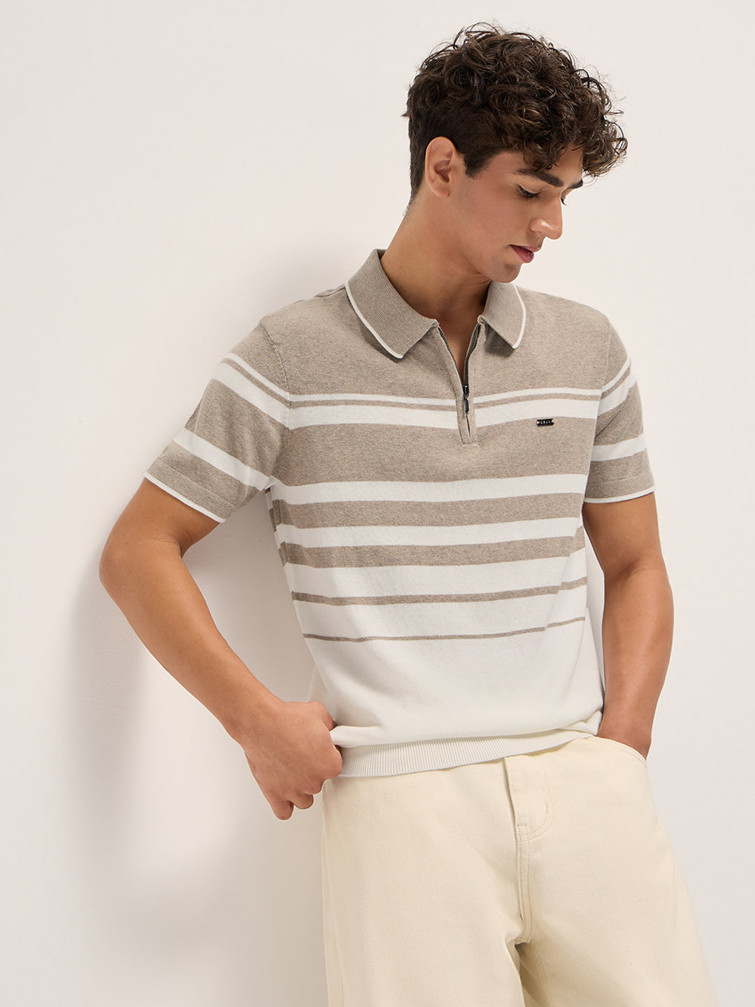Beige and White Striped Textured Flat Knit Slim Fit Polo Shirt