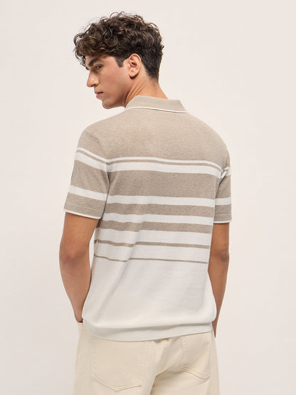 Beige and White Striped Textured Flat Knit Slim Fit Polo Shirt
