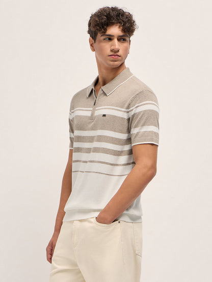 Beige and White Striped Textured Flat Knit Slim Fit Polo Shirt