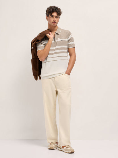 Beige and White Striped Textured Flat Knit Slim Fit Polo Shirt