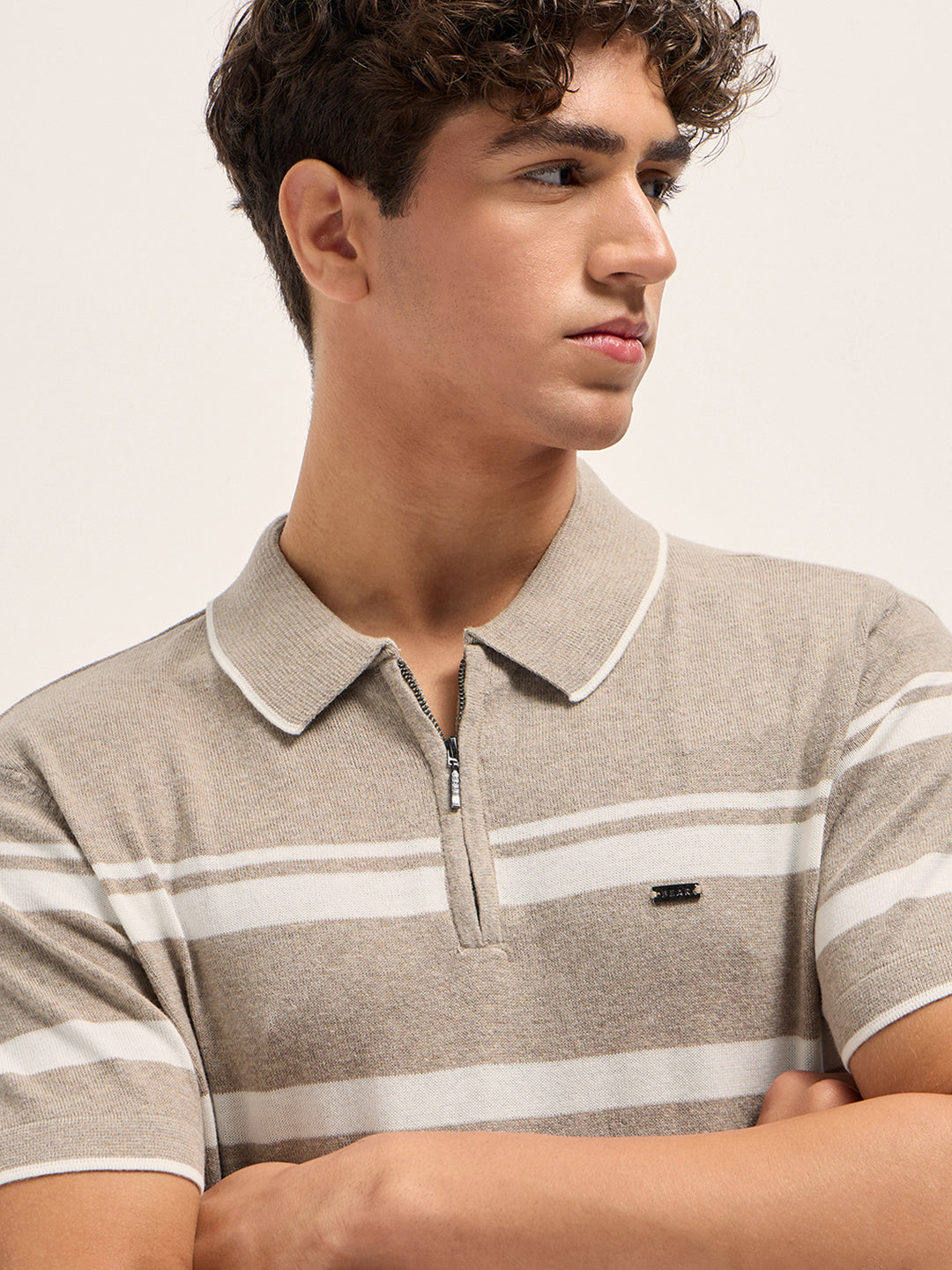 Beige and White Striped Textured Flat Knit Slim Fit Polo Shirt