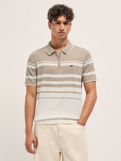 Beige and White Striped Textured Flat Knit Slim Fit Polo Shirt
