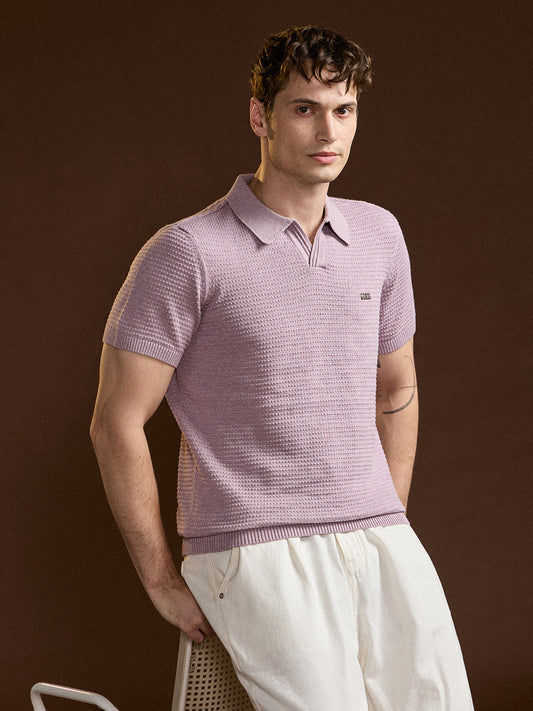Purple Textured Slim Fit V-Notch Style Polo