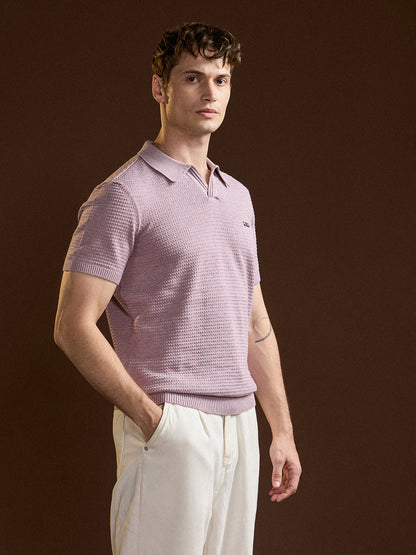 Purple Textured Slim Fit V-Notch Style Polo