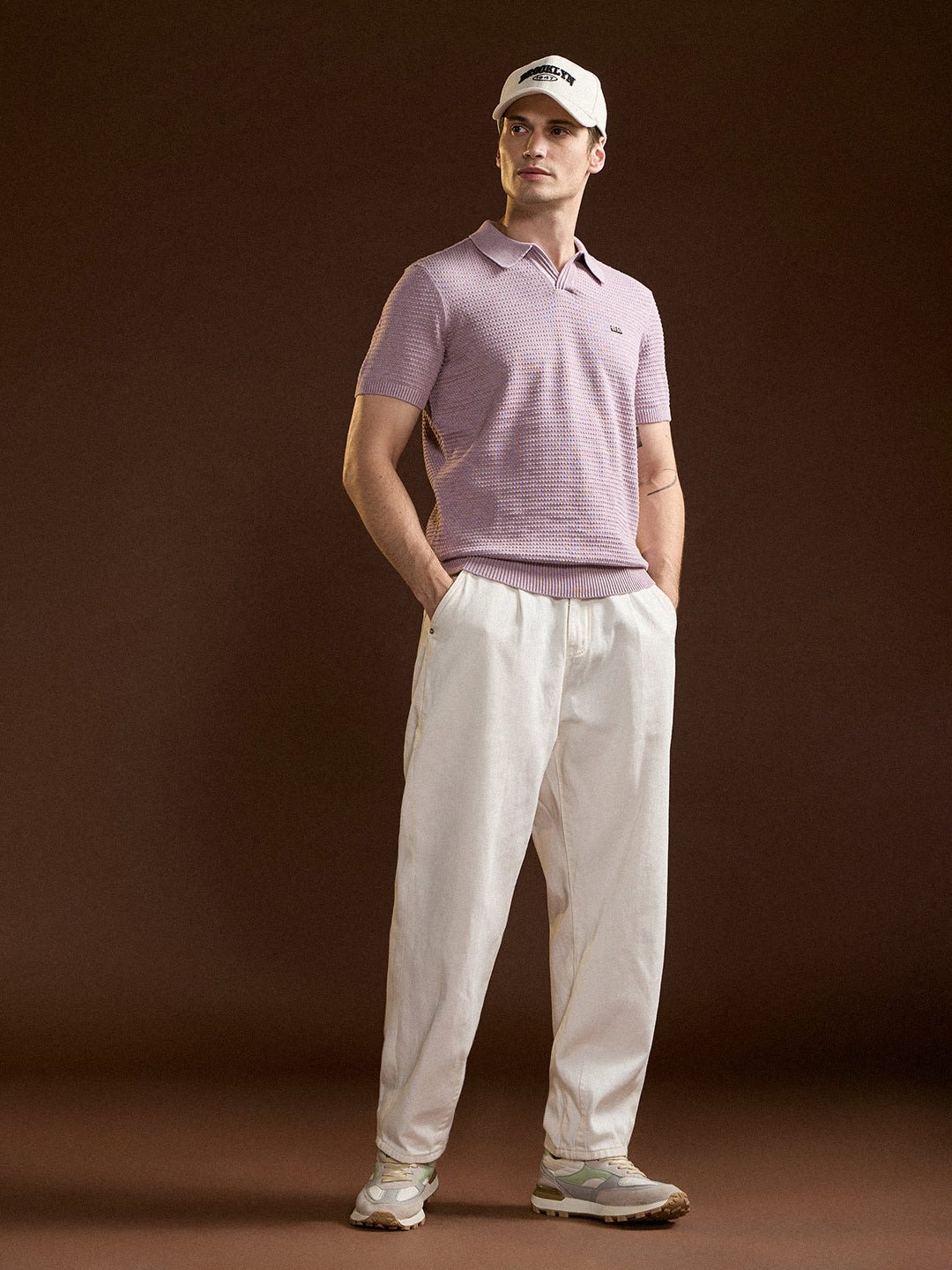 Purple Textured Slim Fit V-Notch Style Polo