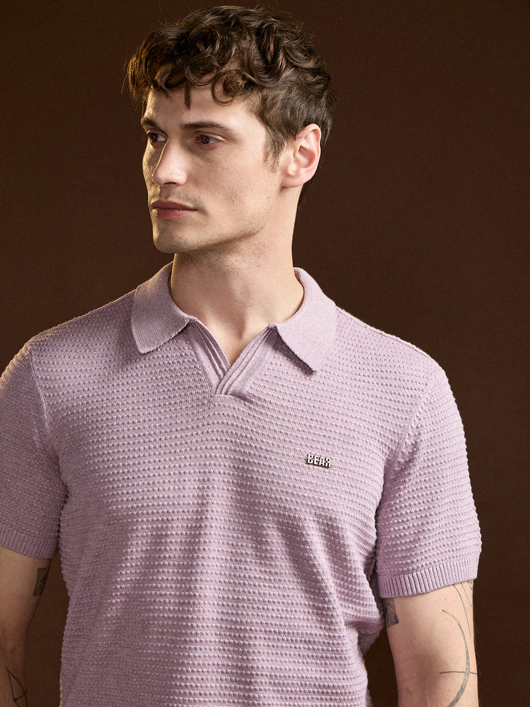 Purple Textured Slim Fit V-Notch Style Polo