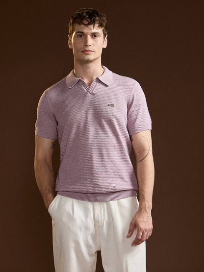 Purple Textured Slim Fit V-Notch Style Polo