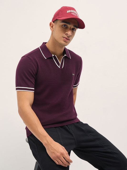 Maroon Textured Flat Knit Slim Fit Polo with Contrast Ribbed Detail