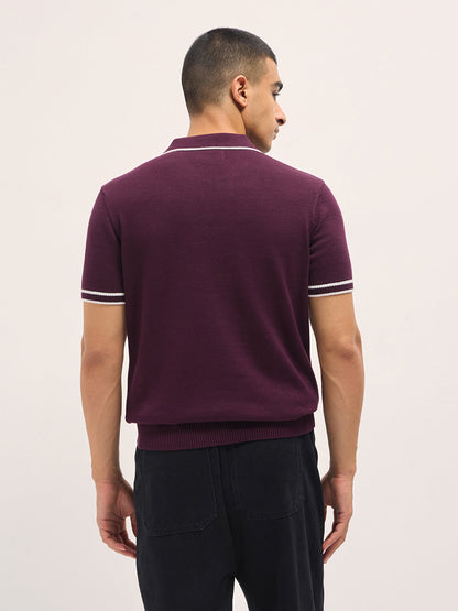 Maroon Textured Flat Knit Slim Fit Polo with Contrast Ribbed Detail