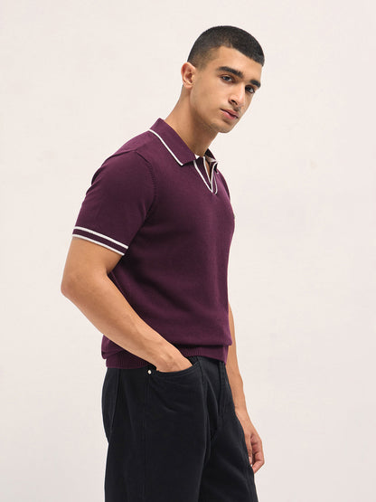 Maroon Textured Flat Knit Slim Fit Polo with Contrast Ribbed Detail