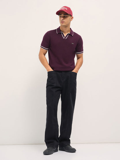 Maroon Textured Flat Knit Slim Fit Polo with Contrast Ribbed Detail