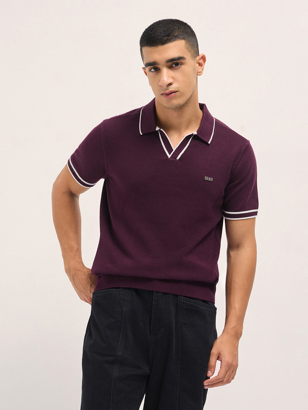 Maroon Textured Flat Knit Slim Fit Polo with Contrast Ribbed Detail