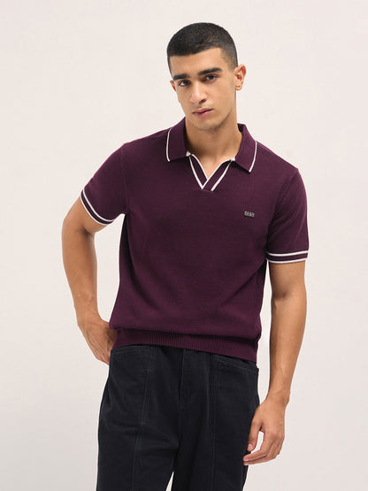 Maroon Textured Flat Knit Slim Fit Polo with Contrast Ribbed Detail